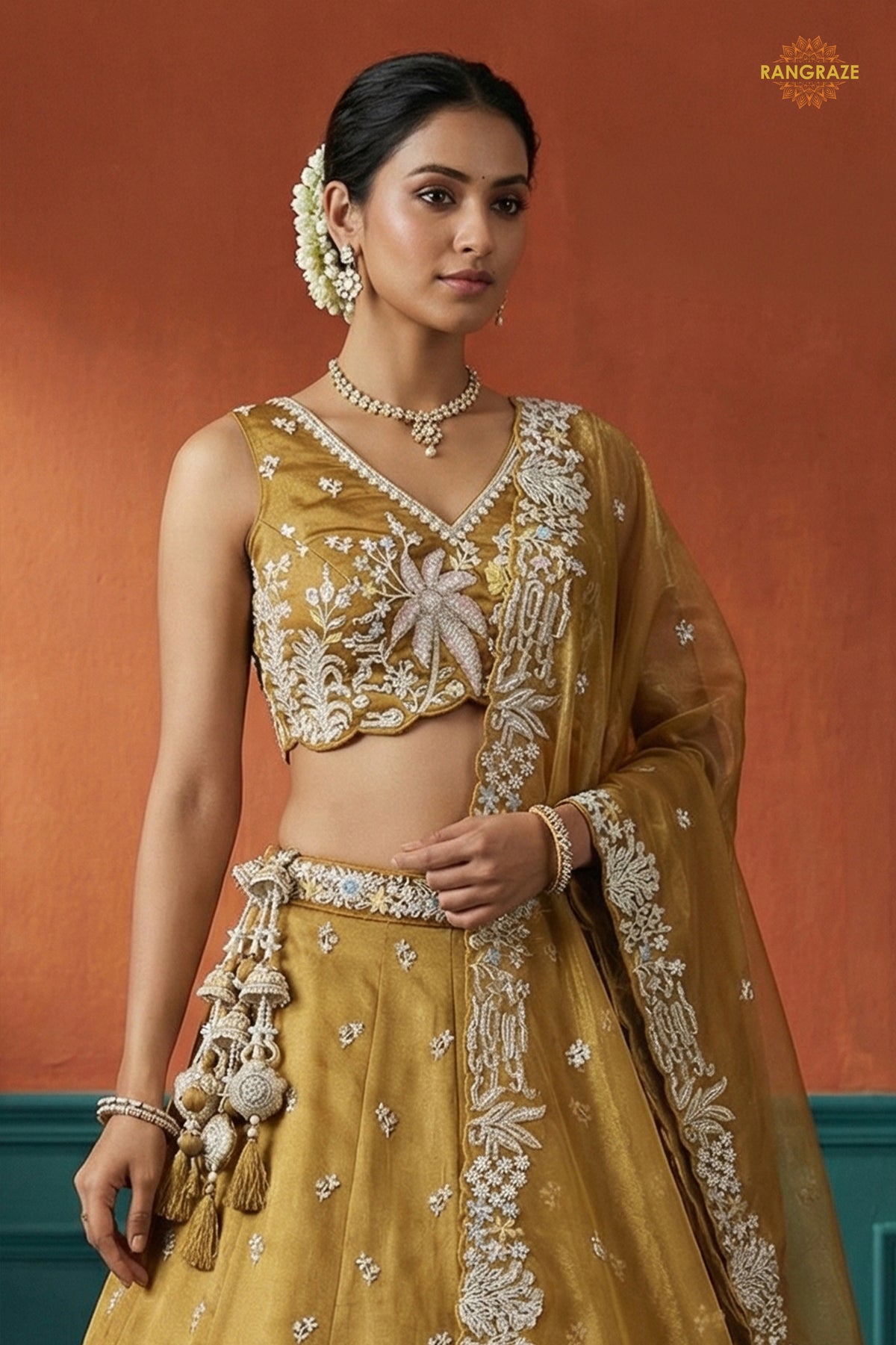 Mustard Yellow Embroidered Semi-Stitched Tissue Lehenga Set