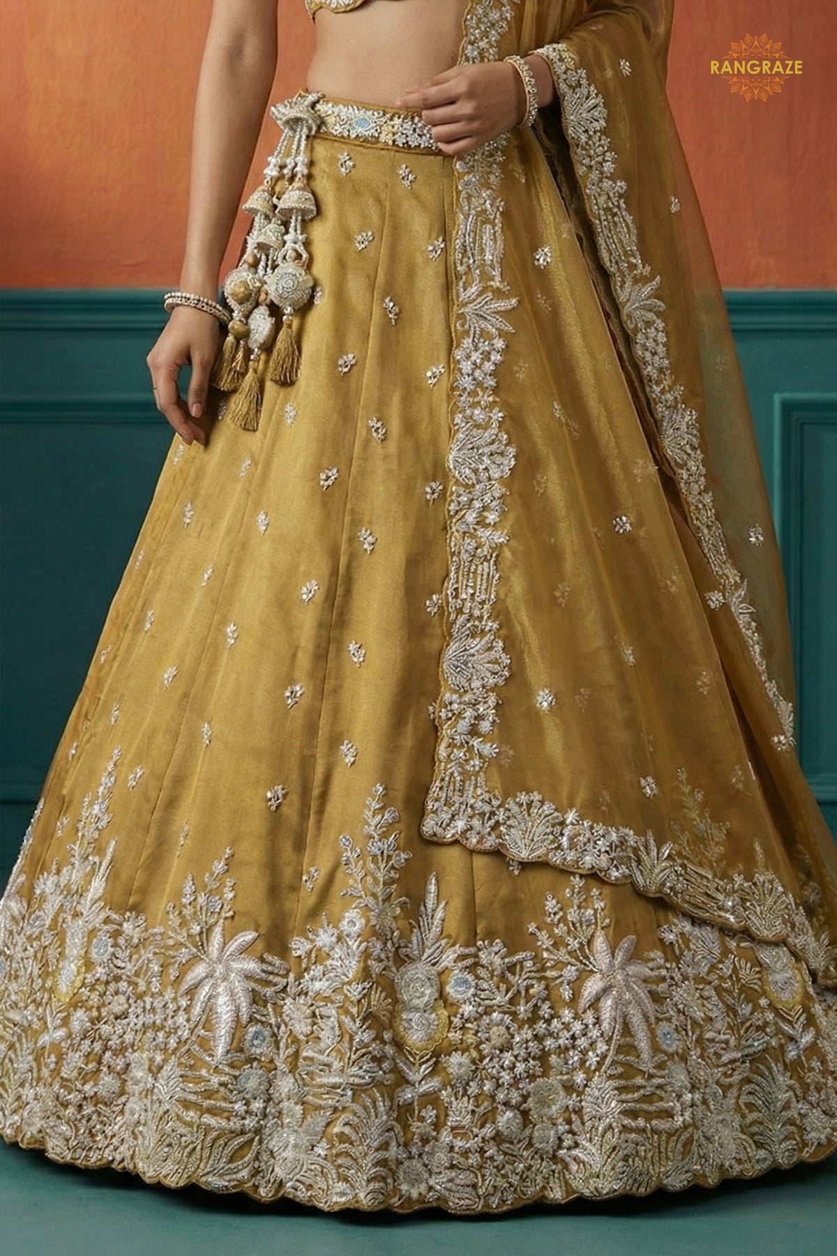 Mustard Yellow Embroidered Semi-Stitched Tissue Lehenga Set