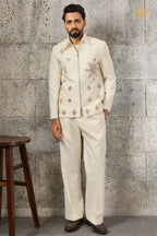 Off White Embroidered Velvet Men Jacket and Pant Set with Mirror Work
