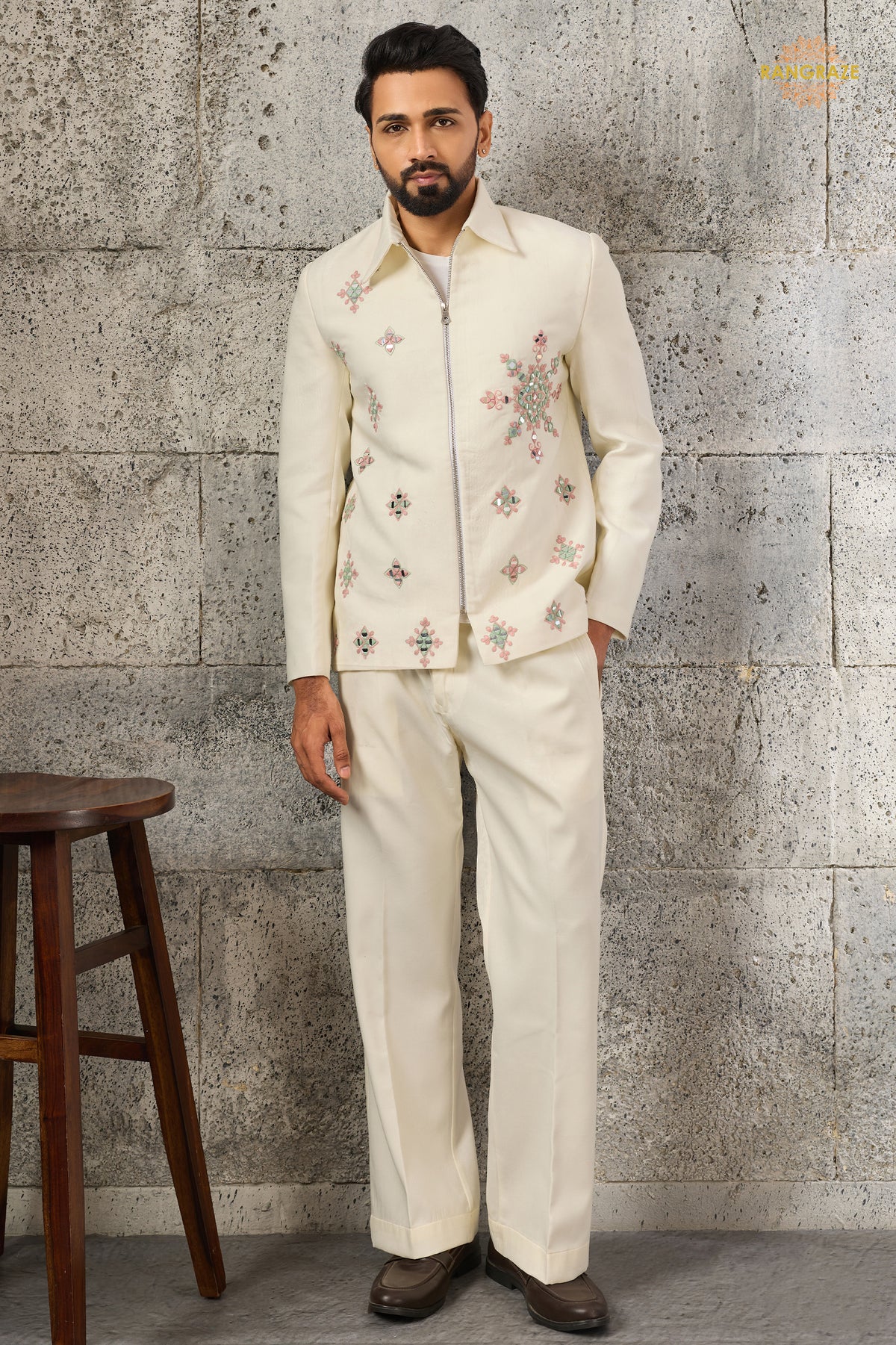 Off White Embroidered Velvet Men Jacket and Pant Set with Mirror Work