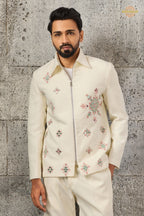 Off White Embroidered Velvet Men Jacket and Pant Set with Mirror Work
