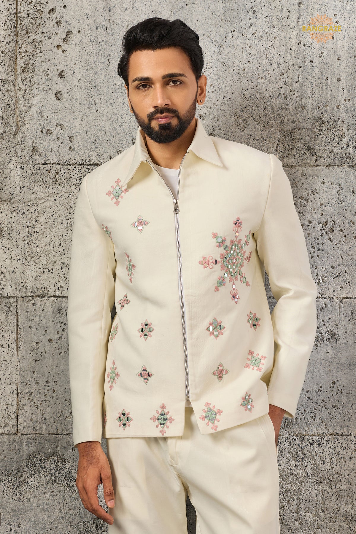 Off White Embroidered Velvet Men Jacket and Pant Set with Mirror Work