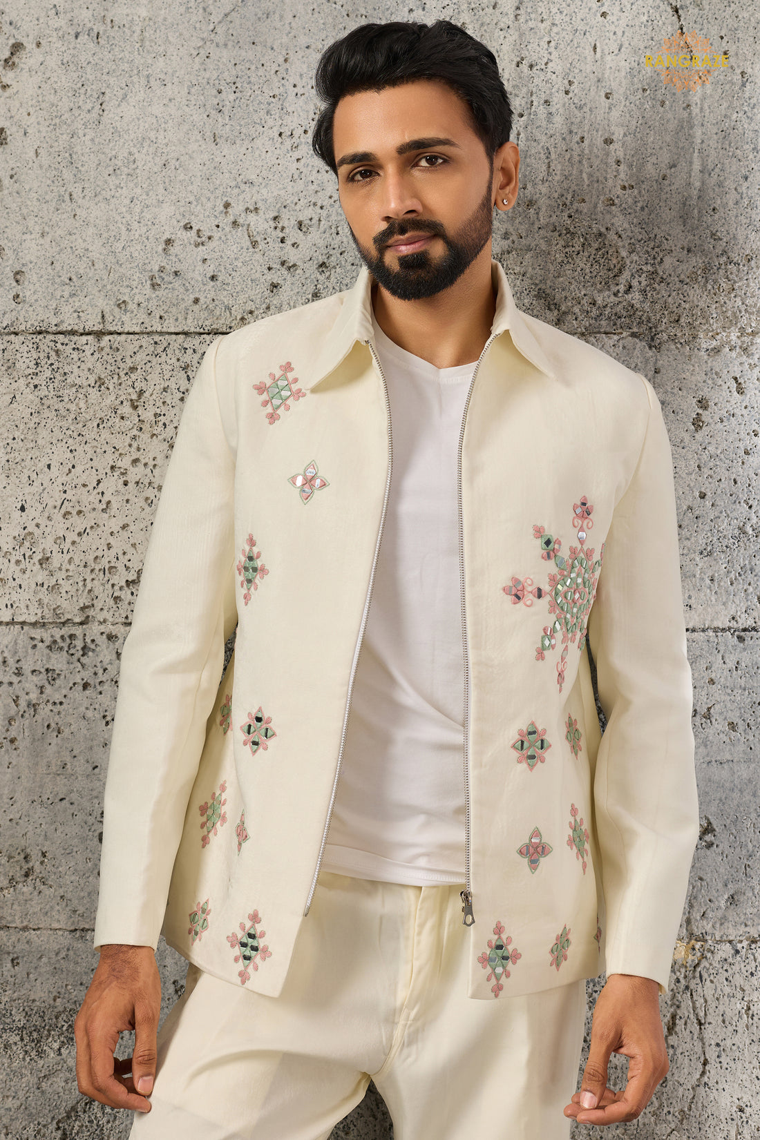 Off White Embroidered Velvet Men Jacket and Pant Set with Mirror Work