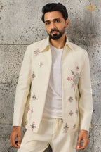 Off White Embroidered Velvet Men Jacket and Pant Set with Mirror Work