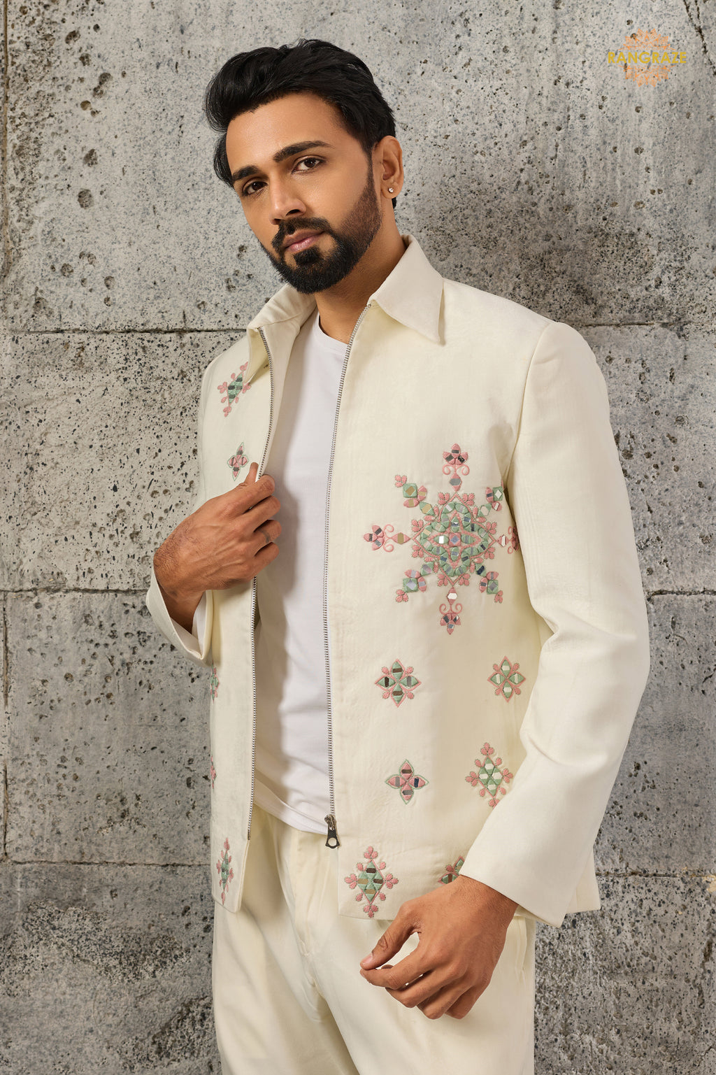 Off White Embroidered Velvet Men Jacket and Pant Set with Mirror Work