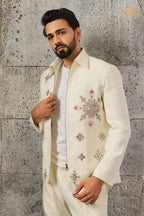 Off White Embroidered Velvet Men Jacket and Pant Set with Mirror Work