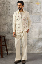 Off White Embroidered Velvet Men Jacket and Pant Set with Mirror Work