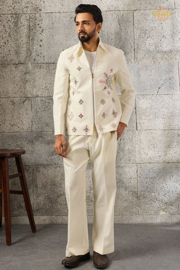 Off White Embroidered Velvet Men Jacket and Pant Set with Mirror Work