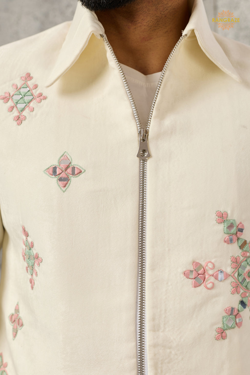 Off White Embroidered Velvet Men Jacket and Pant Set with Mirror Work