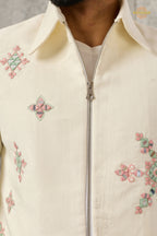 Off White Embroidered Velvet Men Jacket and Pant Set with Mirror Work