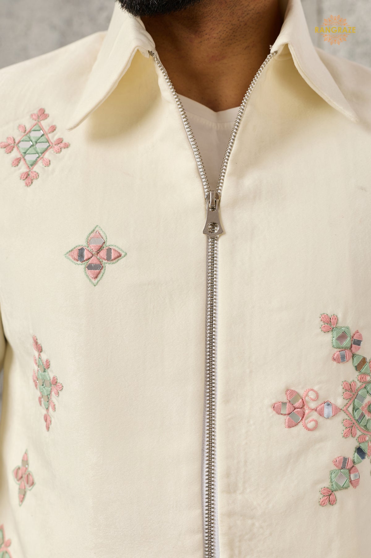 Off White Embroidered Velvet Men Jacket and Pant Set with Mirror Work