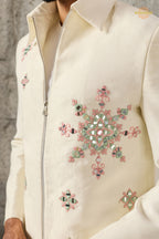 Off White Embroidered Velvet Men Jacket and Pant Set with Mirror Work