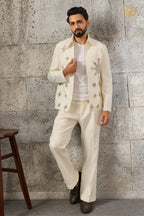 Off White Embroidered Velvet Men Jacket and Pant Set with Mirror Work