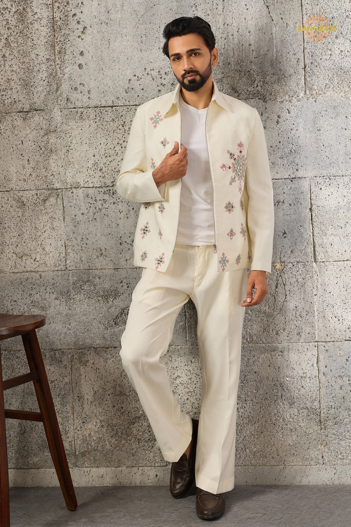 Off White Embroidered Velvet Men Jacket and Pant Set with Mirror Work