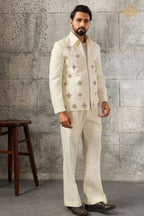 Off White Embroidered Velvet Men Jacket and Pant Set with Mirror Work