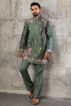 Olive Green Embroidered Silk Men Kurta Pajama