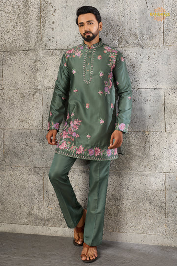 Olive Green Embroidered Silk Men Kurta Pajama