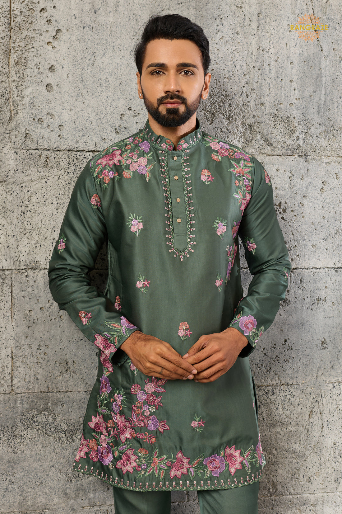 Olive Green Embroidered Silk Men Kurta Pajama