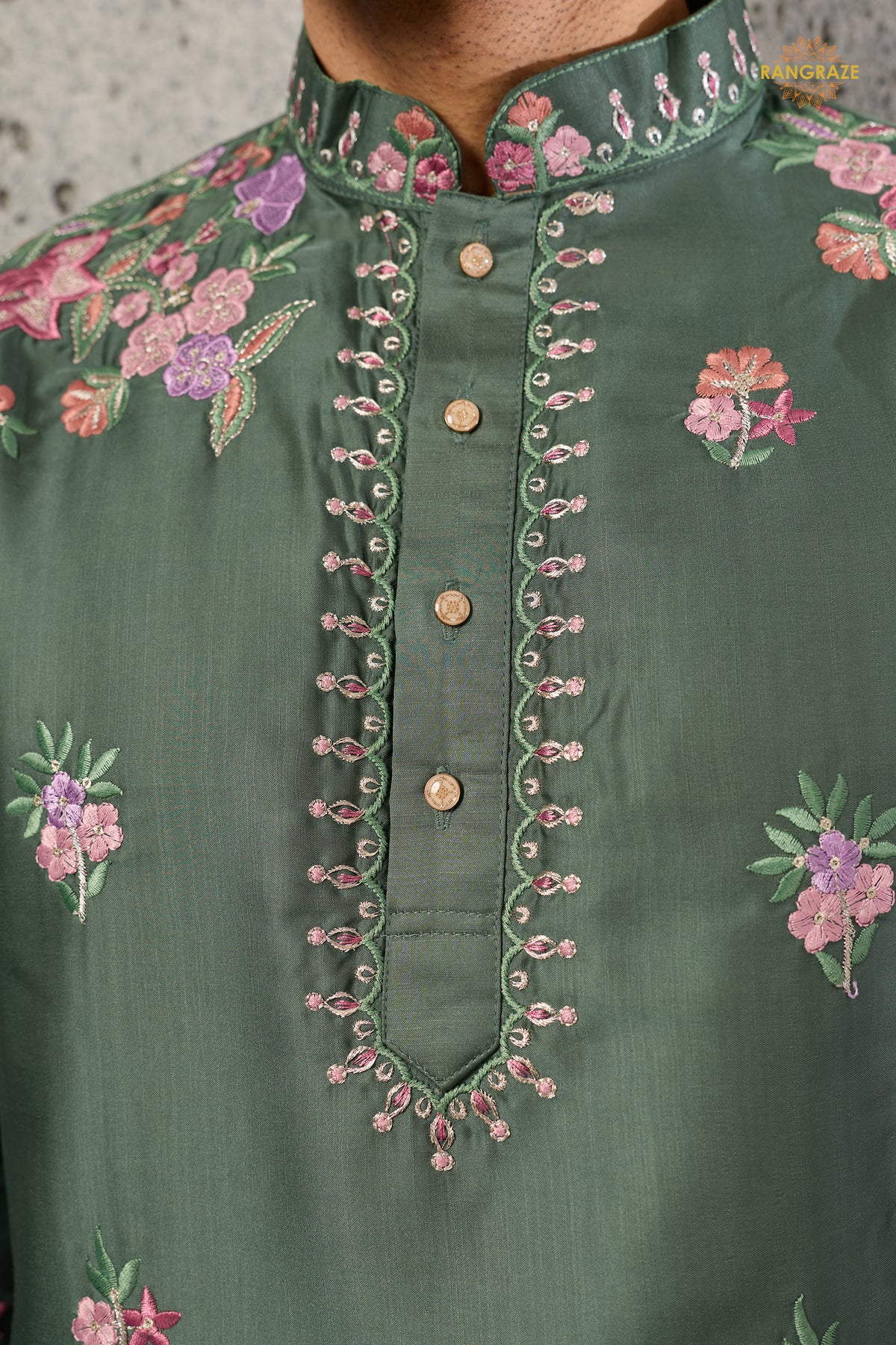 Olive Green Embroidered Silk Men Kurta Pajama
