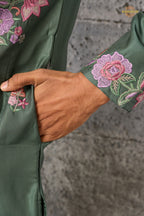 Olive Green Embroidered Silk Men Kurta Pajama