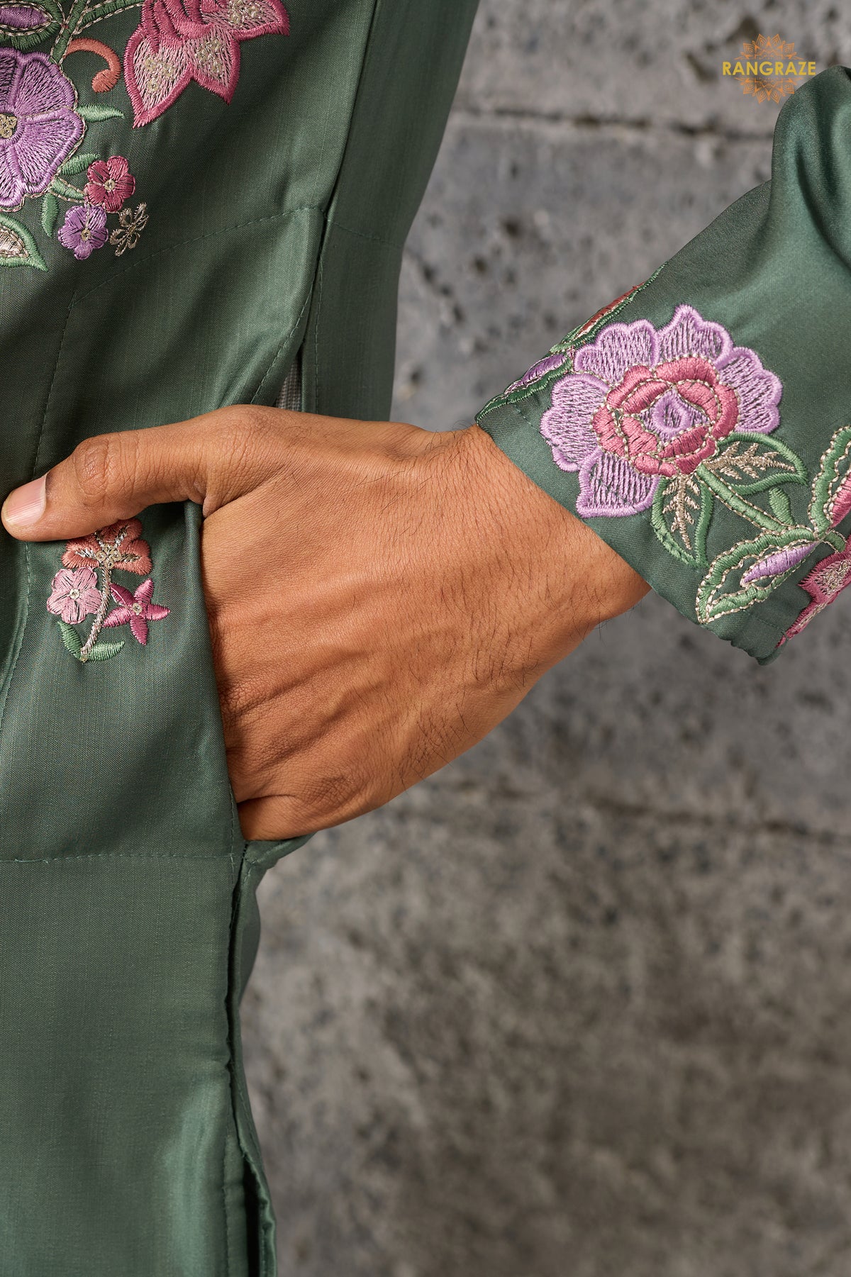Olive Green Embroidered Silk Men Kurta Pajama