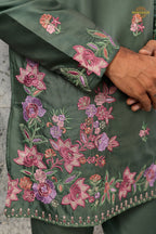 Olive Green Embroidered Silk Men Kurta Pajama