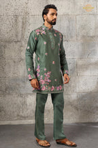 Olive Green Embroidered Silk Men Kurta Pajama