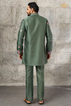 Olive Green Embroidered Silk Men Kurta Pajama