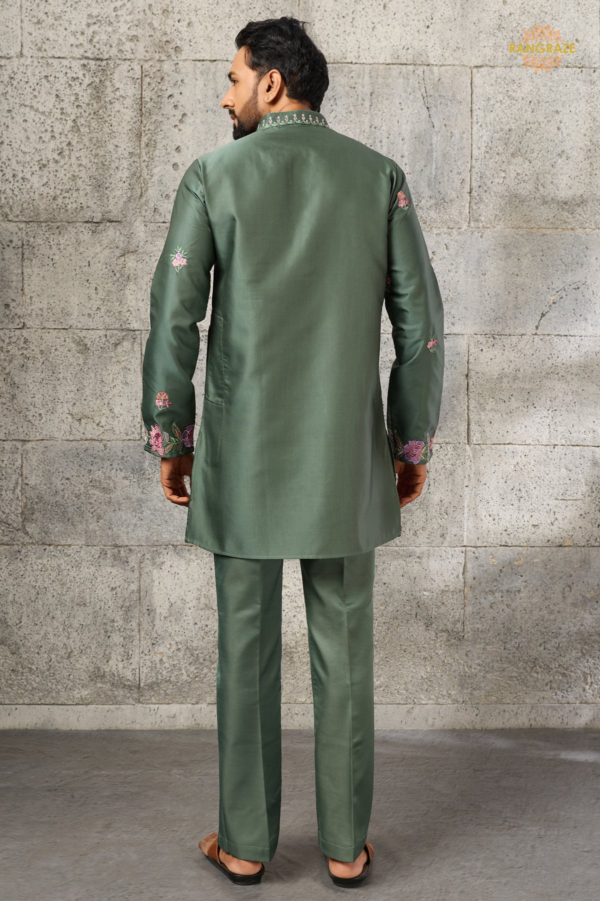 Olive Green Embroidered Silk Men Kurta Pajama