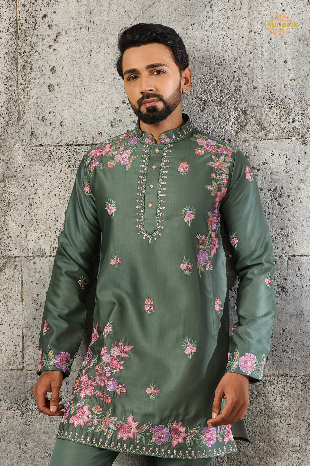 Olive Green Embroidered Silk Men Kurta Pajama