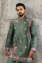 Olive Green Embroidered Silk Men Kurta Pajama