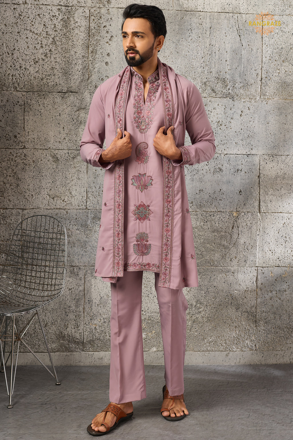 Onion Pink Embroidered Japanese Men Kurta Pajama With Dupatta