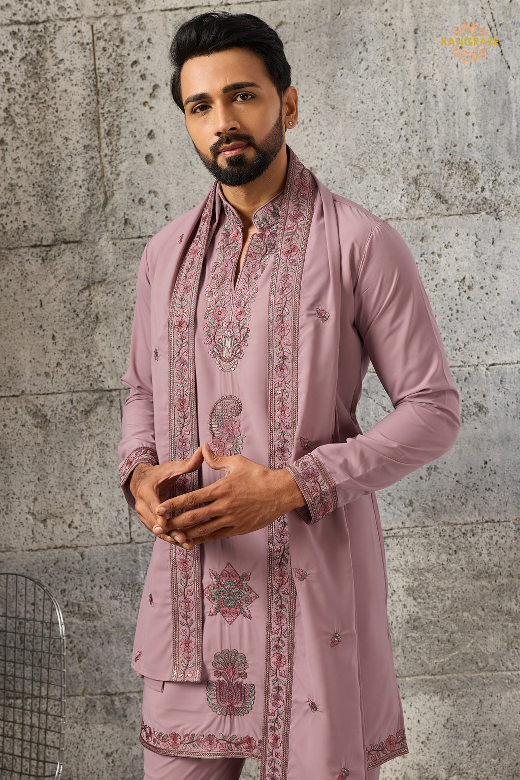 Onion Pink Embroidered Japanese Men Kurta Pajama With Dupatta