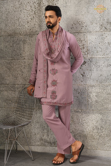 Onion Pink Embroidered Japanese Men Kurta Pajama With Dupatta