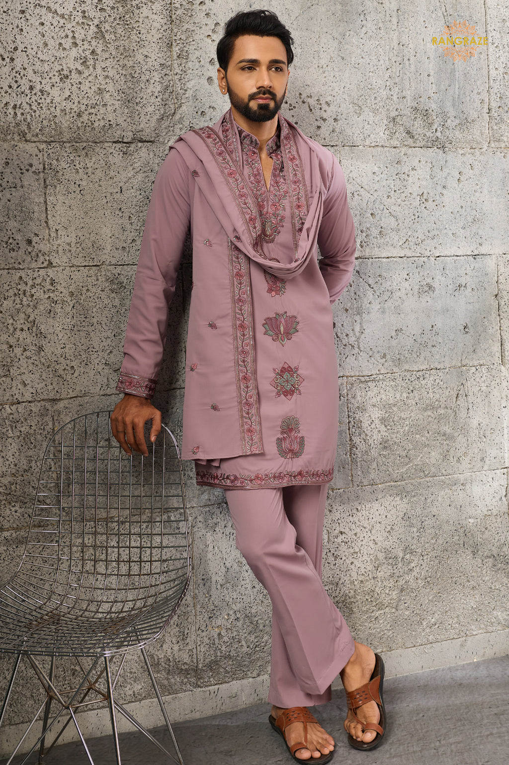 Onion Pink Embroidered Japanese Men Kurta Pajama With Dupatta