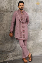Onion Pink Embroidered Japanese Men Kurta Pajama With Dupatta