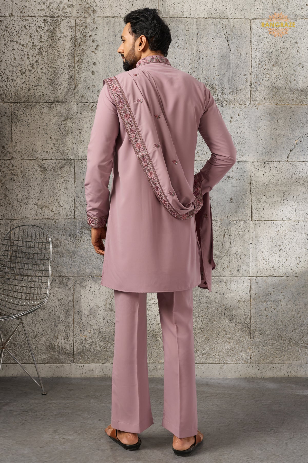 Onion Pink Embroidered Japanese Men Kurta Pajama With Dupatta