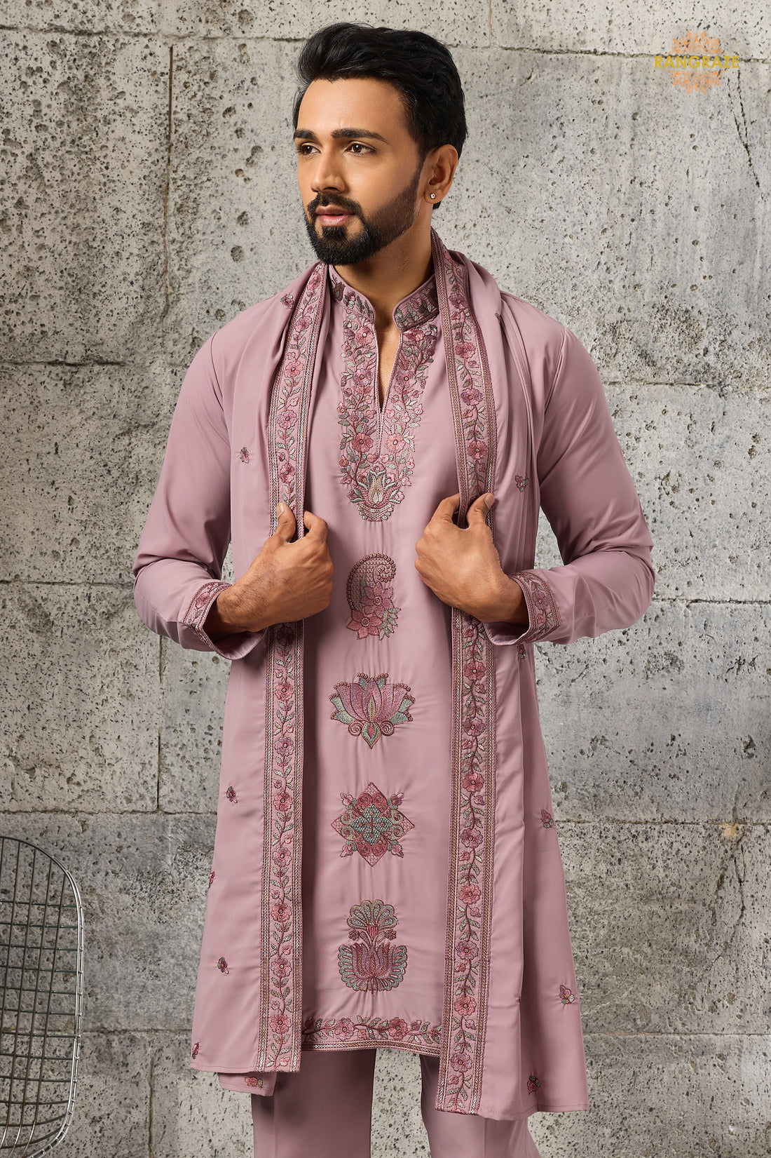 Onion Pink Embroidered Japanese Men Kurta Pajama With Dupatta