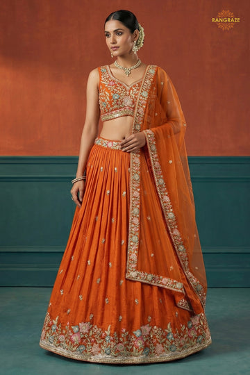 Orange Embroidered Semi-Stitched Georgette Lehenga Set