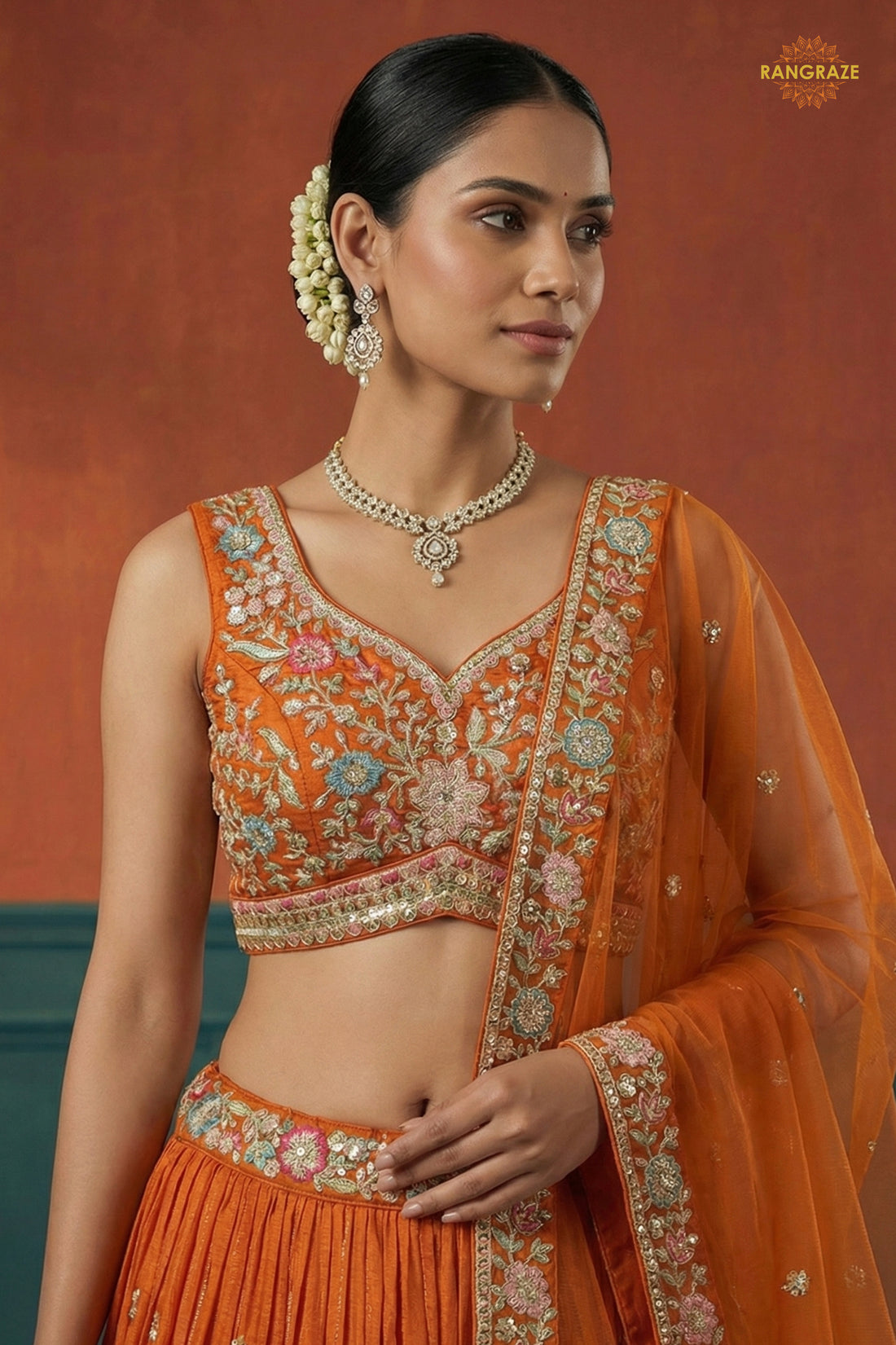 Orange Embroidered Semi-Stitched Georgette Lehenga Set