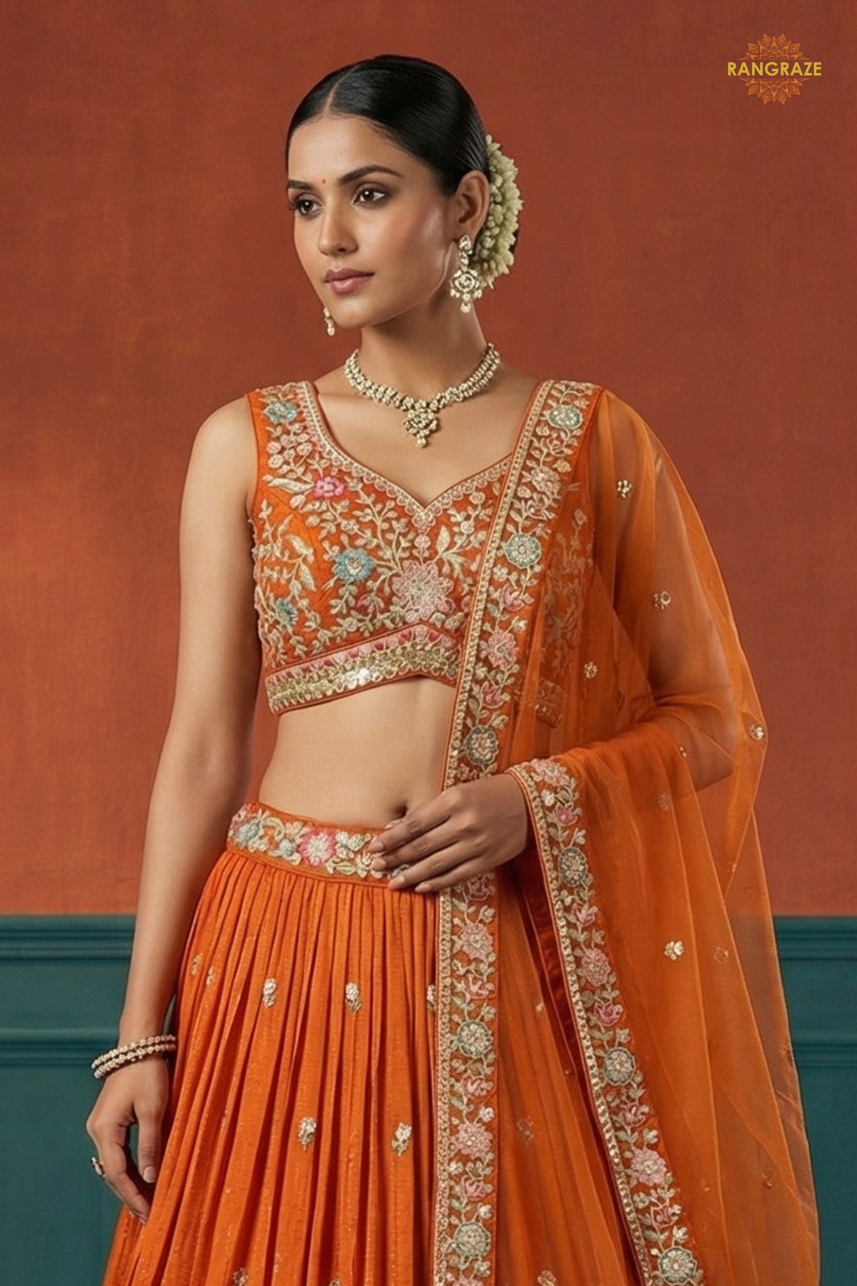 Orange Embroidered Semi-Stitched Georgette Lehenga Set