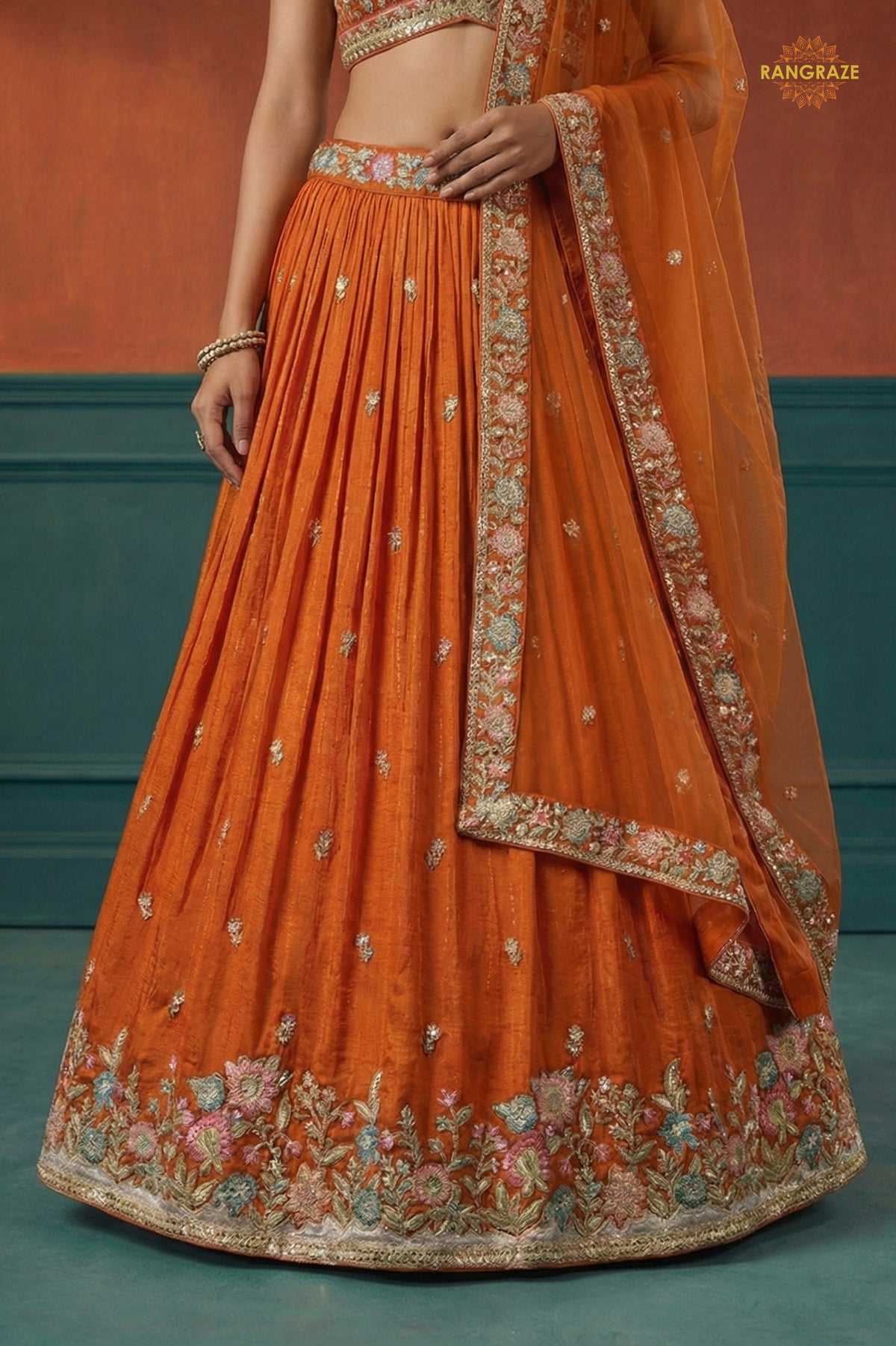 Orange Embroidered Semi-Stitched Georgette Lehenga Set