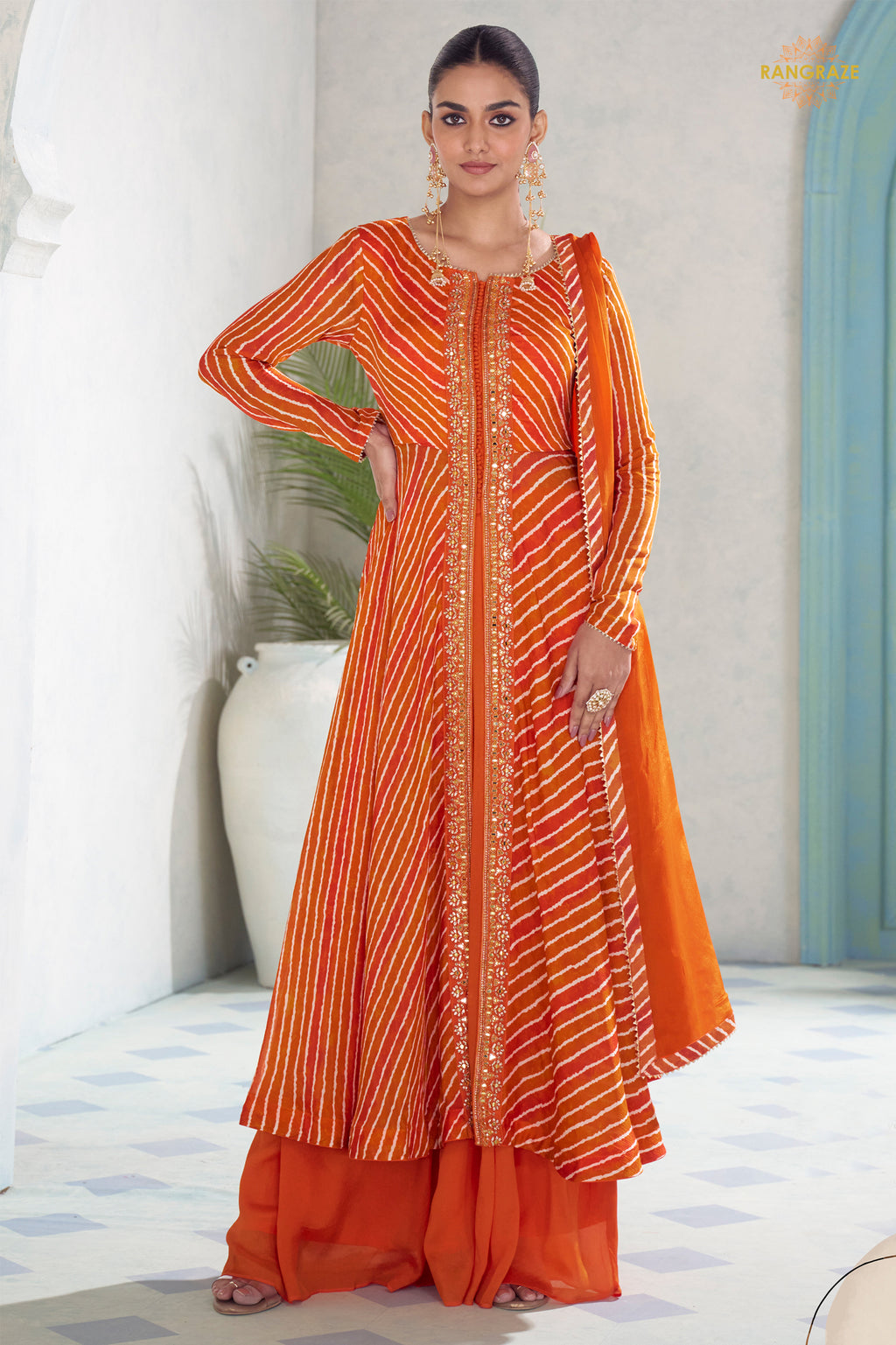 Orange Stitched Embroidered Chinon Suit