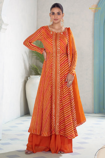 Orange Stitched Embroidered Chinon Suit