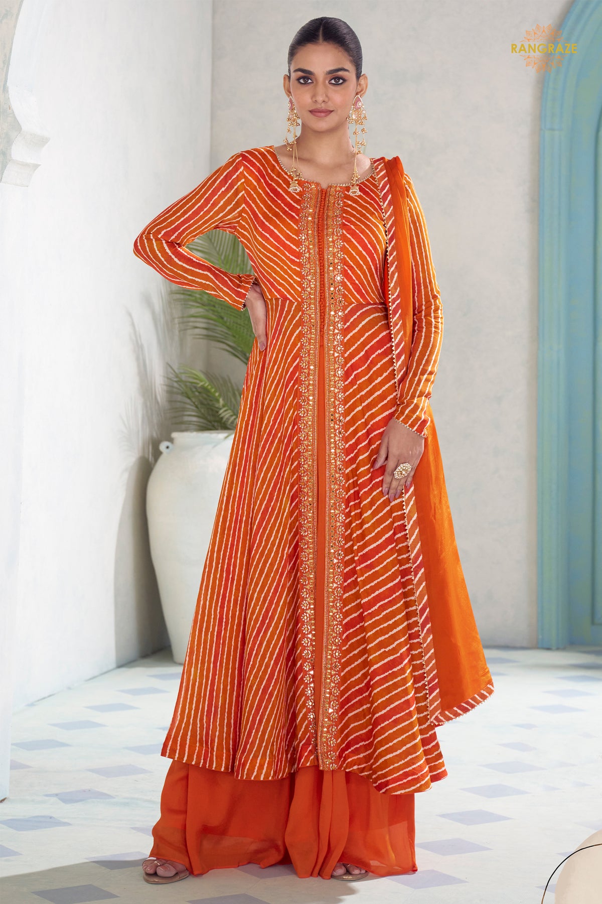 Orange Stitched Embroidered Chinon Suit