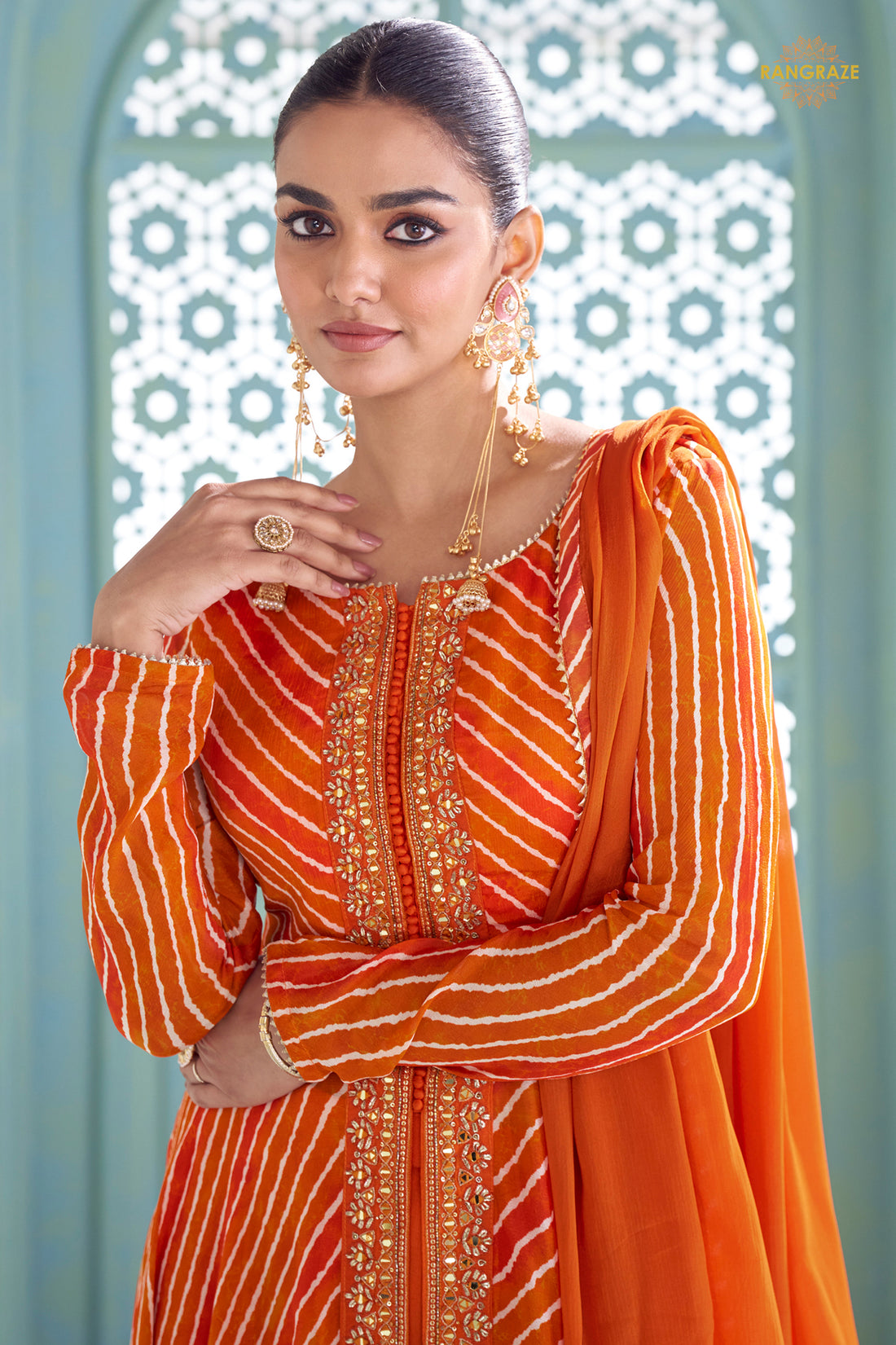 Orange Stitched Embroidered Chinon Suit