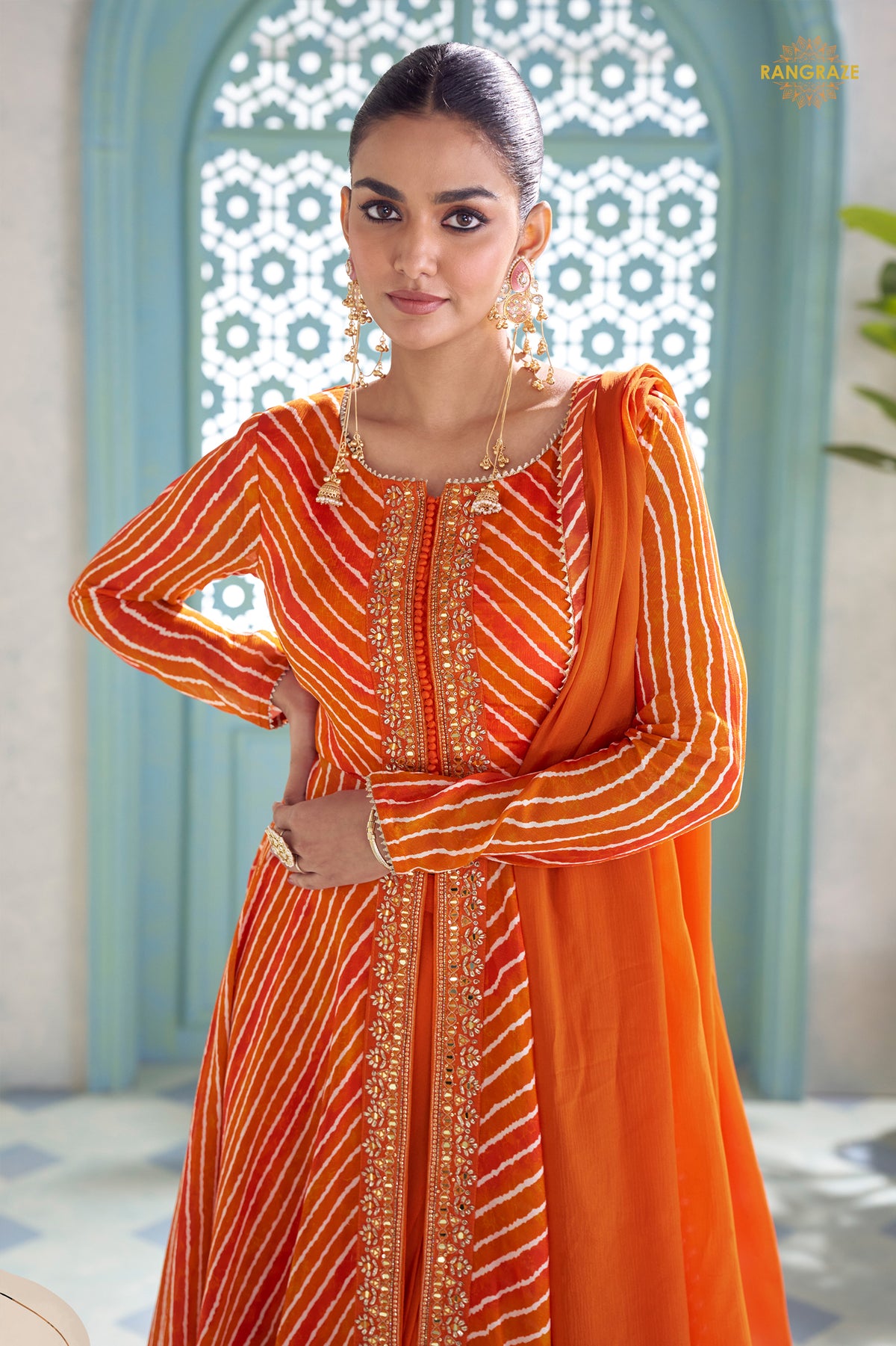 Orange Stitched Embroidered Chinon Suit