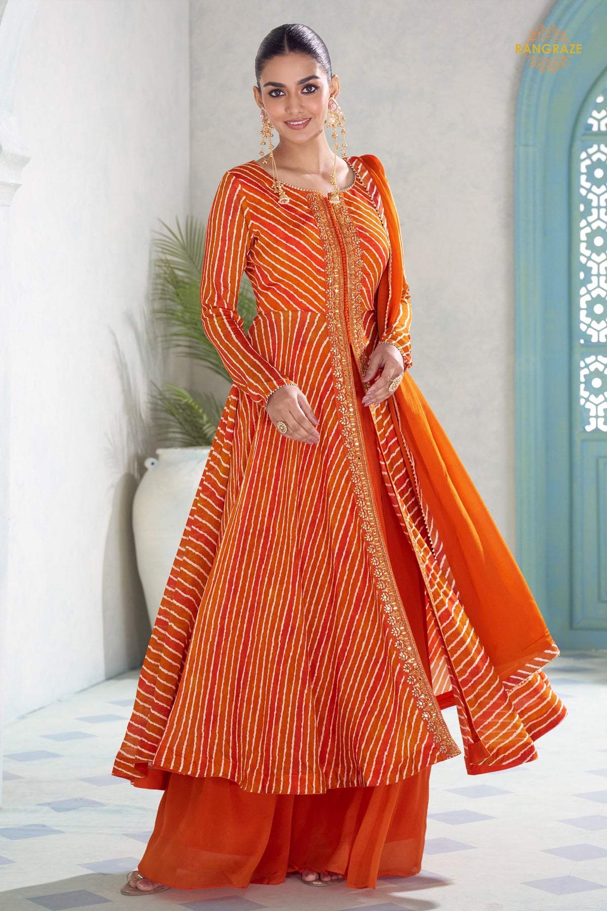 Orange Stitched Embroidered Chinon Suit