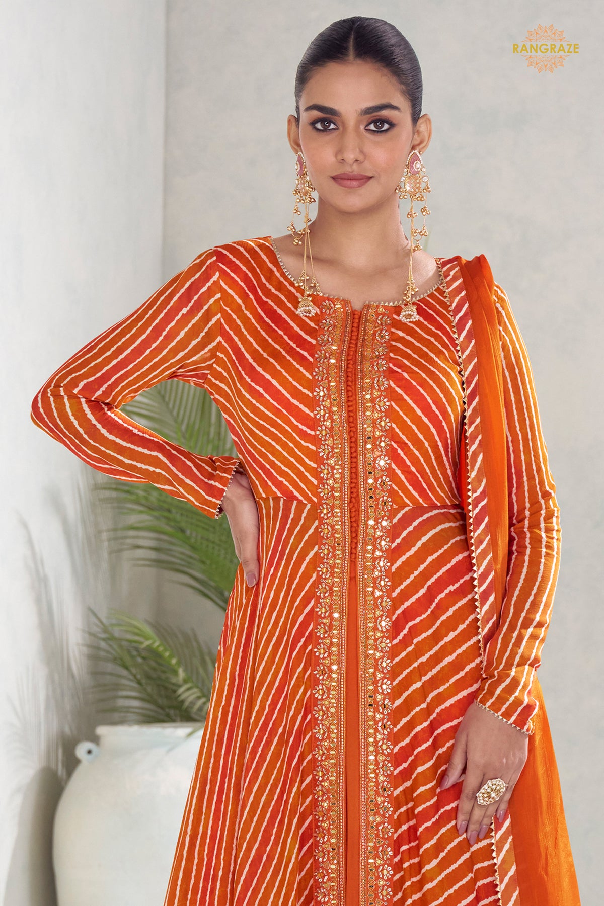 Orange Stitched Embroidered Chinon Suit