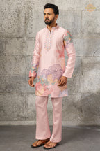 Pastel Pink Embroidered Silk Men Kurta Pajama